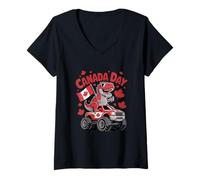 Femme Joyeuse fête du Canada, drapeau du Canada, camion T-Rex, dinosaure canadien T-Shirt avec Col en V