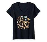 Femme Joyeuses Pâques Dictons Egg Bunny T-Shirt avec Col en V