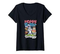 Femme Joyeuses Pâques et Oui C'est Mon Anniversaire, drôle de gâteau au Lapin T-Shirt avec Col en V