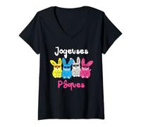 Femme Joyeuses Pâques Lapins de Pâques Drôles T-Shirt avec Col en V