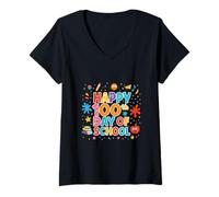 Femme Joyeux 100e jour d'école, enseignants, élèves, garçons, filles et enfants T-Shirt avec Col en V