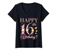 Femme Joyeux 16e Anniversaire, fête d'anniversaire pour garçons et Filles de 16 Ans T-Shirt avec Col en V