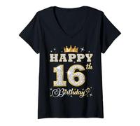 Femme Joyeux 16e Anniversaire, fête d'anniversaire pour garçons et Filles de 16 Ans T-Shirt avec Col en V