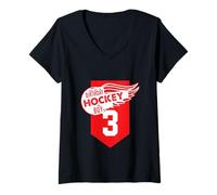 Femme Joyeux 3ème Anniversaire garçon Couleur Rouge sur Le thème du Hockey sur Glace T-Shirt avec Col en V