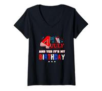 Femme Joyeux 4 Juillet et Oui C'est Mon Anniversaire, né Le 4 Juillet T-Shirt avec Col en V