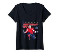 Femme Joyeux 4ème Anniversaire garçon Joueur de Hockey sur Glace sur Le thème du Hockey sur Glace T-Shirt avec Col en V