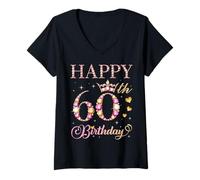 Femme Joyeux 60e Anniversaire, fête d'anniversaire pour Hommes et Femmes de 60 Ans T-Shirt avec Col en V