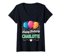 Femme Joyeux Anniversaire en Disant Charlotte T-Shirt avec Col en V