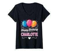 Femme Joyeux Anniversaire en Disant Charlotte T-Shirt avec Col en V