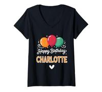 Femme Joyeux Anniversaire en Disant Charlotte T-Shirt avec Col en V