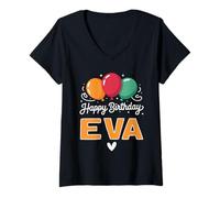 Femme Joyeux Anniversaire en Disant Eva T-Shirt avec Col en V