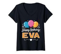 Femme Joyeux Anniversaire en Disant Eva T-Shirt avec Col en V