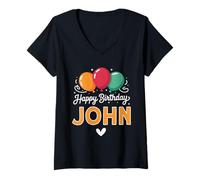 Femme Joyeux Anniversaire en Disant John T-Shirt avec Col en V