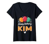 Femme Joyeux Anniversaire en Disant Kim T-Shirt avec Col en V