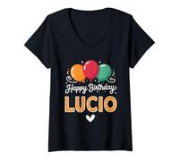 Femme Joyeux Anniversaire en Disant Lucio T-Shirt avec Col en V