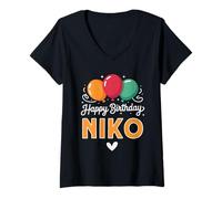 Femme Joyeux Anniversaire en Disant NIKO T-Shirt avec Col en V