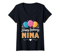 Femme Joyeux Anniversaire en Disant Nina T-Shirt avec Col en V