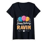 Femme Joyeux Anniversaire en Disant Ravin T-Shirt avec Col en V