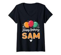 Femme Joyeux Anniversaire en Disant Sam T-Shirt avec Col en V