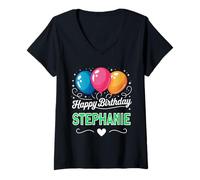 Femme Joyeux Anniversaire en Disant Stephanie T-Shirt avec Col en V