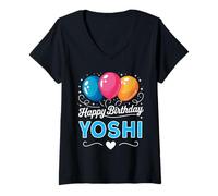 Femme Joyeux Anniversaire en Disant Yoshi T-Shirt avec Col en V