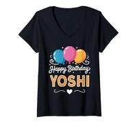Femme Joyeux Anniversaire en Disant Yoshi T-Shirt avec Col en V