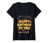 Femme Joyeux Anniversaire pour Vous Tous Les Membres de la Famille T-Shirt avec Col en V