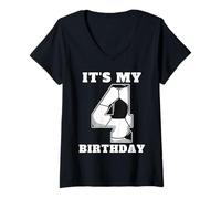 Femme Joyeux Anniversaire Soccer Squad 4ème Anniversaire Joueur T-Shirt avec Col en V