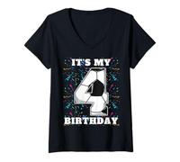 Femme Joyeux Anniversaire Soccer Squad 4ème Anniversaire Joueur T-Shirt avec Col en V