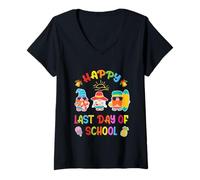 Femme Joyeux dernier Jour d'école Funny Gnomes Summer Vacation Vibes T-Shirt avec Col en V