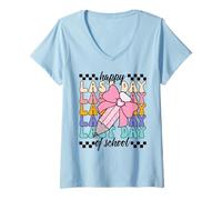 Femme Joyeux dernier jour d'école pour filles Coquette Bow Hello Summer T-Shirt avec Col en V