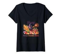 Femme Joyeux Halloween, Noël, Sorcière, Corne d'abondance, Cadeaux T-Shirt avec Col en V