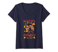 Femme Joyeux Jour De La Dinde Noël Thanksgiving T-Shirt avec Col en V, Bleu Marine, XL