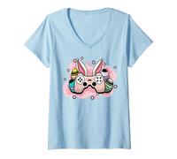 Femme Joyeux lapin de Pâques Oeuf Manette de jeu vidéo Gaming T-Shirt avec Col en V