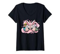 Femme Joyeux lapin de Pâques Oeuf Manette de jeu vidéo Gaming T-Shirt avec Col en V