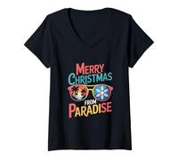 Femme Joyeux Noël Depuis Paradise Tropical Beach T-Shirt avec Col en V