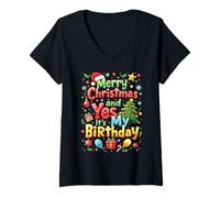 Femme Joyeux Noël et Oui C'est Mon Anniversaire Garçons, Filles, e T-Shirt avec Col en V