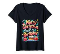 Femme Joyeux Noël et Oui, C'est Mon Anniversaire Garçons, Filles, T-Shirt avec Col en V