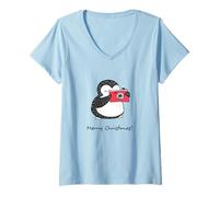 Femme Joyeux Noël Mignon bébé Pingouin prenant des Photos avec Appareil Photo T-Shirt avec Col en V