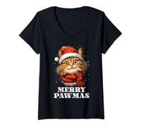 Femme Joyeux Pawmas Funny Santa Cat Christmas pour Les Amateurs de T-Shirt avec Col en V