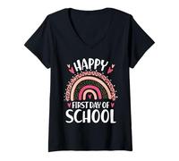 Femme Joyeux Premier Jour d'école Rainbow Leopard Teacher Student T-Shirt avec Col en V