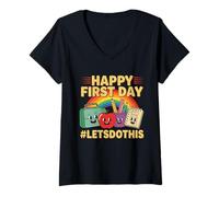 Femme Joyeux Premier Jour, Faisons-Le, Bonne rentrée Scolaire T-Shirt avec Col en V
