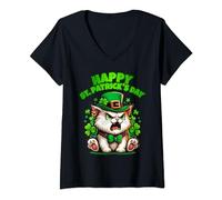 Femme Joyeux Saint Patricks Day Shamrock Cat Avec Chapeau T-Shirt avec Col en V