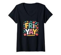 Femme Joyeux Vendredi Professeur Fry Yay Friday Weekend Cute T-Shirt avec Col en V