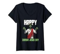 Femme Joyeux Zombie Jésus Religieux fête de Pâques fête drôle T-Shirt avec Col en V