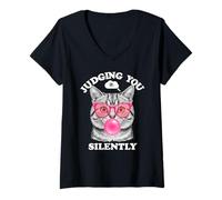 Femme Judging You Silently Funny Cat Blowing Bubble Gum Pink Cat T-Shirt avec Col en V