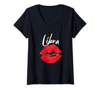 Femme Juicy Red Lips Balance Signe du Zodiaque T-Shirt avec Col en V