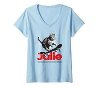 Femme JULIE - Joli nom de fille avec un chat & un skateboard T-Shirt avec Col en V