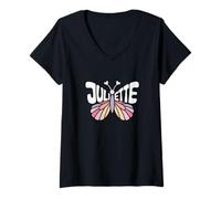 Femme Juliette Butterfly - Word Art personnalisé avec nom Mignon T-Shirt avec Col en V