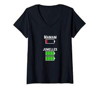 Femme Jumelles High Energy Fatigué Maman Charge Batterie Faible T-Shirt avec Col en V